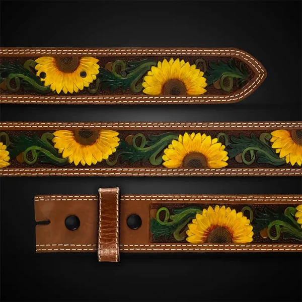 The Honeysuckle Western Leather Belt features hand-painted sunflowers and vibrant vines, double-stitched and lined with top-grain leather for durability.